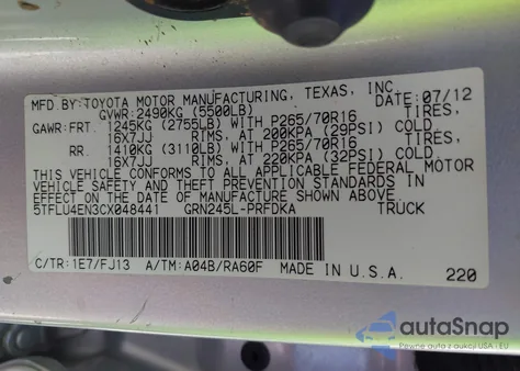 2012 Toyota Tacoma Base V6 from USA, damaged, VIN 5TFLU4EN3CX048441